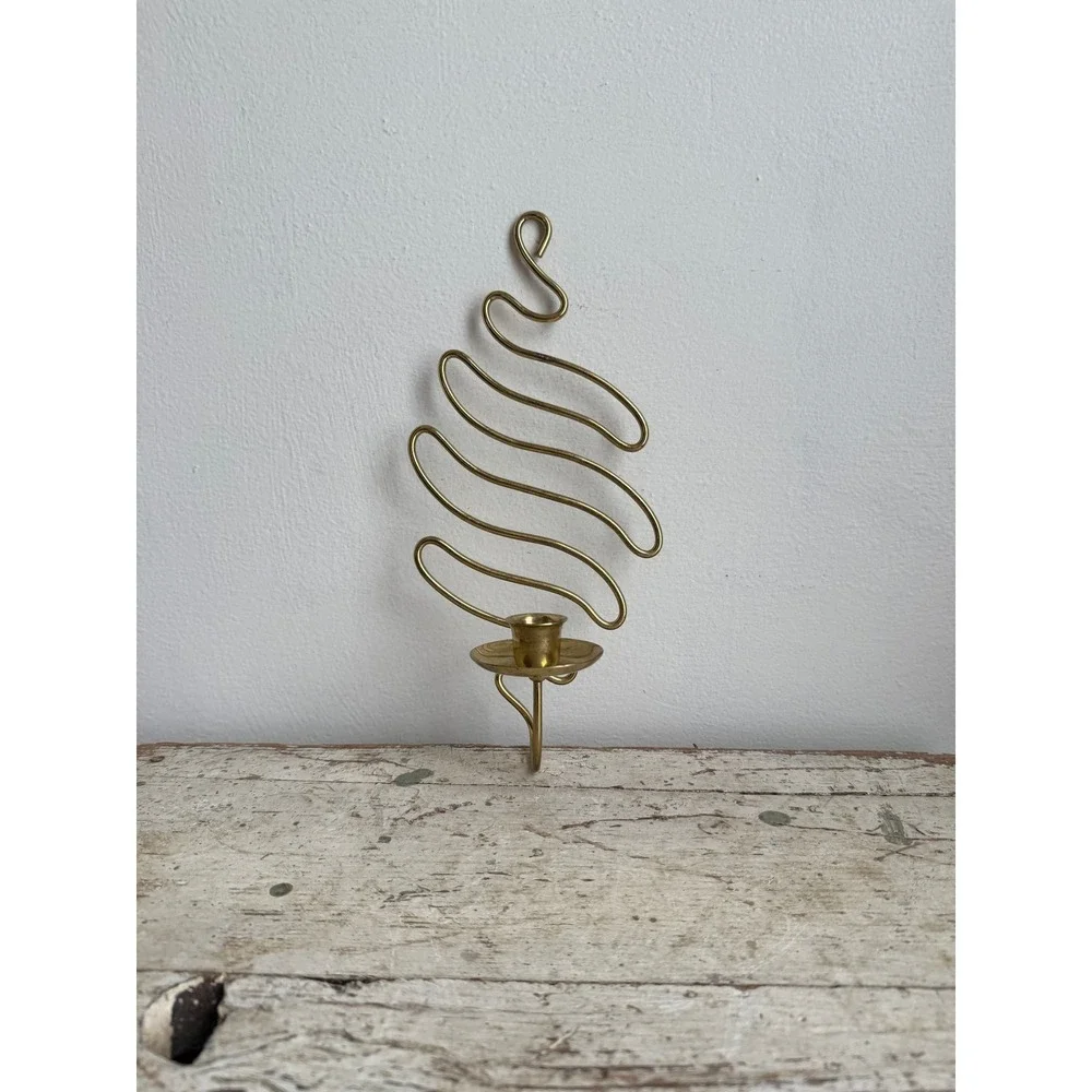 Vintage Brass Wavy Wire Wall Sconce Zig Zag Taper Candle Holder MCM Abstract